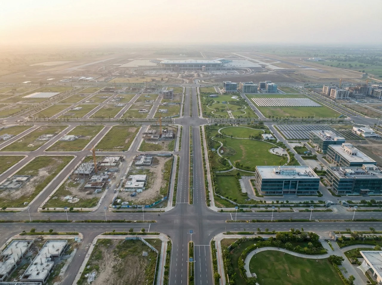 Aerial view of roads and development in Dholera SIR