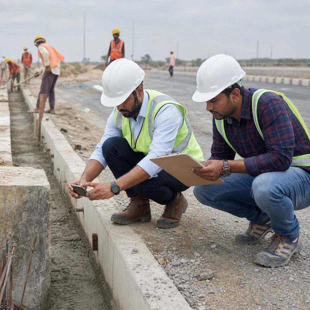 Property and engineering team inspecting road and drainage work