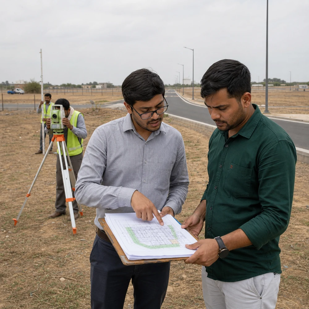 Advisor explaining a site plan while surveyors work on the property
