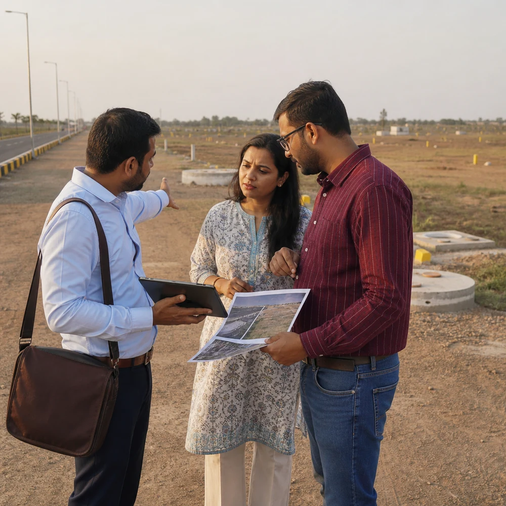 Advisor reviewing property progress with buyers during a follow-up visit