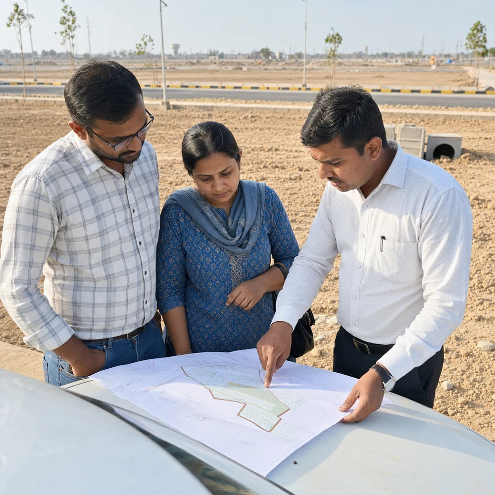 Property advisor reviewing a site plan with buyers during a field visit
