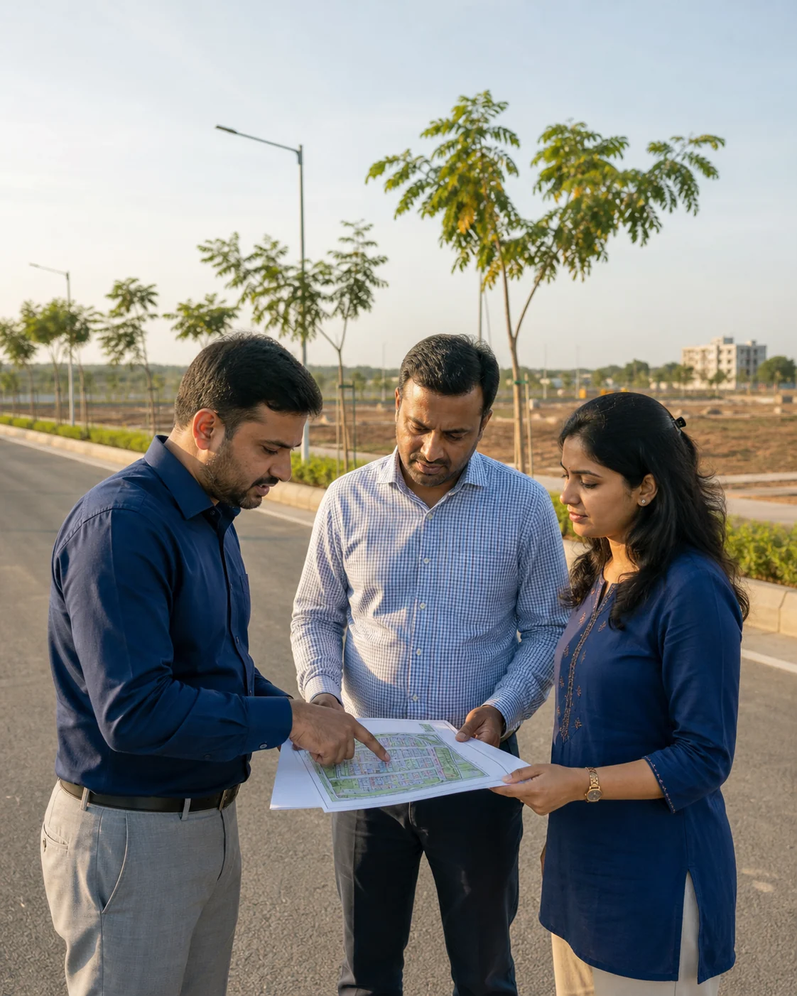 A property advisor helps buyers review a site plan during a plotted development visit